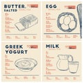 Nutrition facts of butter, egg, yogurt and milk. Hand draw vector