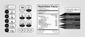 Nutrition facts icon and stickers Beverage and food components info. Nutritional value table for package. Healthy