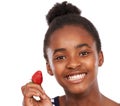 Nutrition, health and portrait of girl and strawberry in studio for smile, wellness and diet. Food, self care and