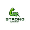 Nutrition logo with strong arm and leaf icon illustration vector template for healthy vitamin product, medical super food logo