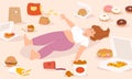 Nutrition problems. Young girl overeating and lies among various junk foods. Bulimia and bad habits, mental disease