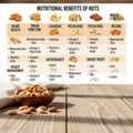 Nutritional benefits of various nuts, including almonds, walnuts, Royalty Free Stock Photo