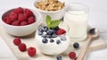 The Nutritional and Probiotic Richness of Fresh Yogurt Presented on a White Table. Generative AI