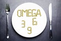 Nutritional supplement of omega 3, omega 6 or omega 9 from yellow fish oil capsules on plate