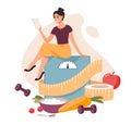 Nutritionist concept. Weight loss program. A girl is sitting on a scale with a measuring tape.