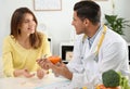 Nutritionist consulting patient at table in clin