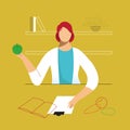Nutritionist, dietitian woman at the office, hold apple in the hand. Vector flat illustration