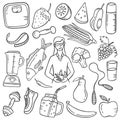 Nutritionist doodle hand drawn set collections with outline black and white style