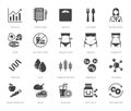 Nutritionist flat glyph icons set. Diet food, nutritions - protein, fat, carbohydrate, fit body vector illustrations