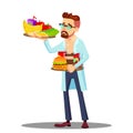 Nutritionist With Fruits And Hamburgers In Hands, Healthy And Unhealthy Food Vector. Isolated Cartoon Illustration