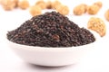 Nutritious black sesame seeds in white bowl