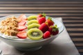 A nutritious breakfast featuring yogurt, muesli, kiwi, strawberries, and banana