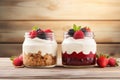 Nutritious breakfast idea granola, berries, yogurt in jars on wooden table, space for text Royalty Free Stock Photo