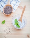 Nutritious chia seeds museli and peppermint leaves with wooden spoon for diet foods ingredients setup on wooden background . Royalty Free Stock Photo