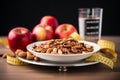 Nutritious concept Apples, nuts, measuring tape on plate reflect diet and well being