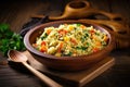 A nutritious and flavorful mix of rice and fresh vegetables served in a simple wooden bowl, Couscous with vegetables presented in