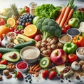 Nutritious Food Background: Fruits, Vegetables, Cereals, Nuts, and Superfoods Royalty Free Stock Photo