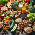 Nutritious Food Background: Fruits, Vegetables, Cereals, Nuts, and Superfoods Royalty Free Stock Photo