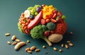 Nutritious food for healthy brain function concept. Fruits, vegetables, nuts arranged like brain. Diet improves memory, boosts