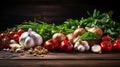 Nutritious food ingredients background. Vegetables, herbs, and spices. Organic vegetables on wood