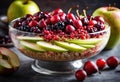 A nutritious fruit bowl with layers of quinoa, apple, pear, and cranberry.