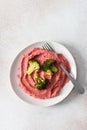 Nutritious and hearty breakfast includes beetroot hummus for a protein-rich, fiber-packed meal Royalty Free Stock Photo
