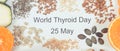 Nutritious ingredients and inscription World Thyroid Day 25 May. Healthy food containing vitamins. Problems with thyroid concept