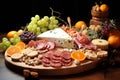 Nutritious Meat cheese fruits tray. Generate Ai