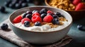 Nutritious Oatmeal and Berry Breakfast Delight - Generative AI Royalty Free Stock Photo