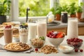 A nutritious spread featuring fresh dairy milk, a variety of berries, granola, and whole nuts, set on a kitchen table with a view