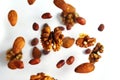 Nuts in the air on a white background, flying nuts. Healthy Brain Food, Diet, Protein, Almonds, walnuts and hazelnuts Royalty Free Stock Photo