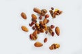 Nuts in the air on a white background, flying nuts. Healthy Brain Food, Diet, Protein, Almonds, walnuts and hazelnuts Royalty Free Stock Photo