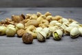 nuts almonds cashew hazelnuts scattered on a wooden table