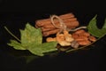 Nuts cinnamon and leaves on a black background