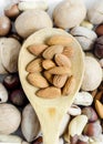 Nuts almonds in a wooden spoon on the background of a scattering of different nuts assorted nuts