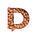 Nuts alphabet. Letter D of made of natural almonds and paper cut isolated on white. Typeface of healthful snack