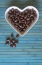 Nuts arranged in heart shape on background. Food image close up candy, chocolate milk, extra dark almond nuts. Love Texture