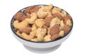 Nuts background. Close-up of roasted and salted almonds and cashew nuts in a ceramic bowl isolated on a white background. Gourmet