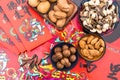 Nuts in the Background of Red Couplet in Spring Festival Royalty Free Stock Photo