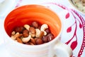 Nuts, cashews, almonds, hazelnuts, peanuts macro. Mixture of nut