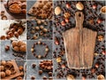 Nuts collage, different colorful nuts backgrounds. Healthy food. Royalty Free Stock Photo