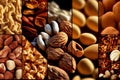 Nuts collage, different colorful nuts backgrounds