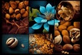 Nuts collage, different colorful nuts backgrounds