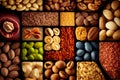 Nuts collage, different colorful nuts backgrounds Royalty Free Stock Photo