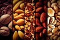 Nuts collage, different colorful nuts backgrounds