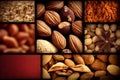 Nuts collage, different colorful nuts backgrounds