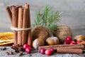 Nuts, cranberry, dried oranges and spices. Natural products for baking or Christmas decor home Royalty Free Stock Photo