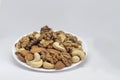 Nuts of different varieties on a plate on the background of the table
