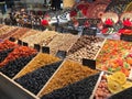 Nuts and dried fruits in the market window