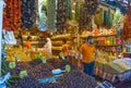 Nuts and dried fruits and spices on display in the eastern market in Istanbul, Turkey.